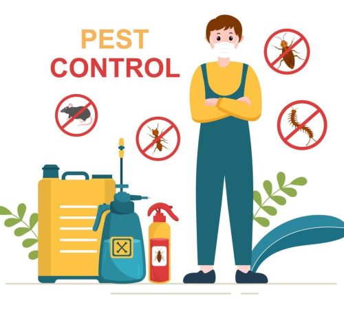 pest-control-service-with-exterminator-of-insects-sprays-and-house-hygiene-disinfection-in-flat-cartoon-background-illustration-vector